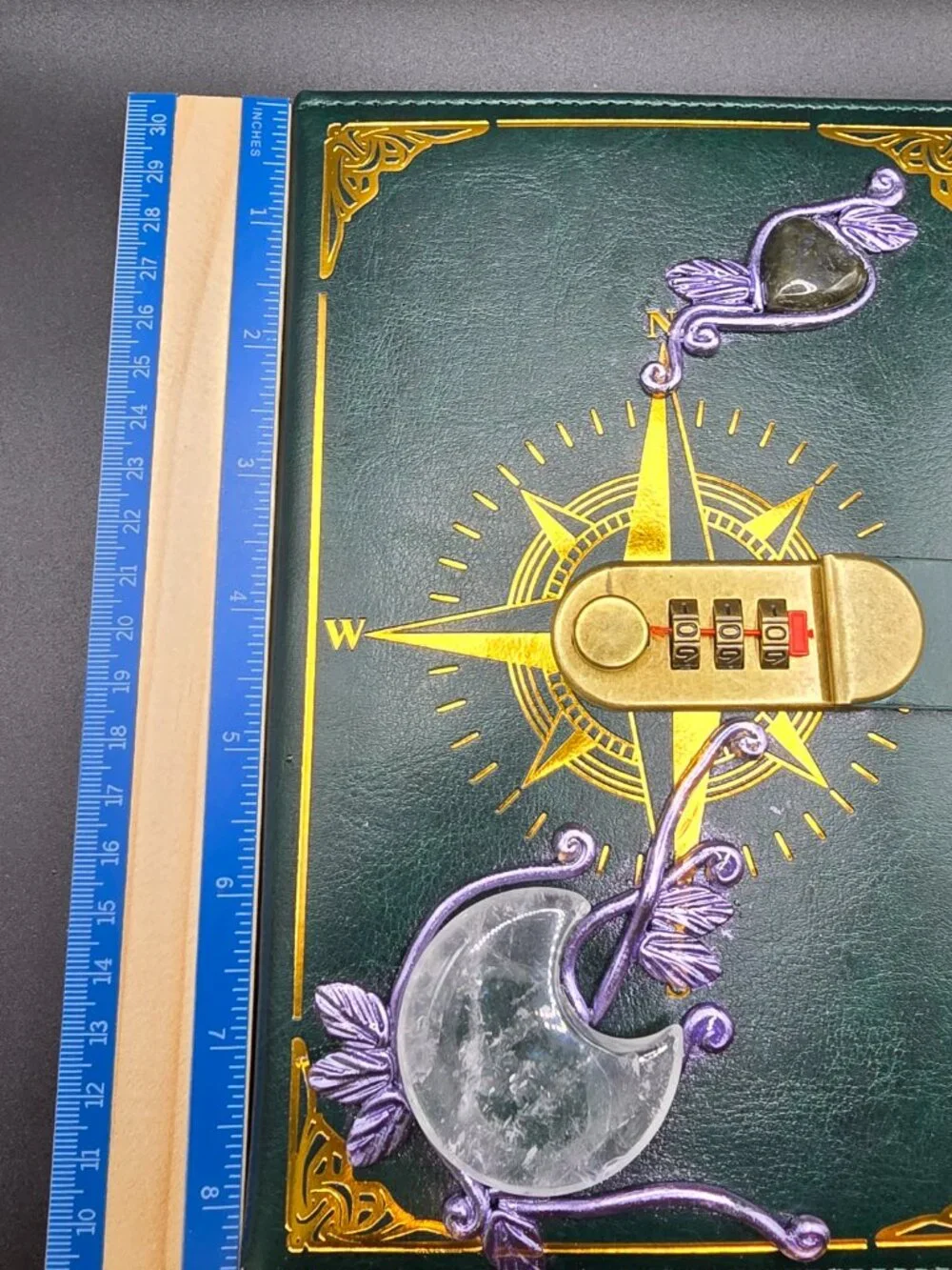 Locking Spell Book Journal | Clear Quartz Crescent Moon & Labradorite Diary